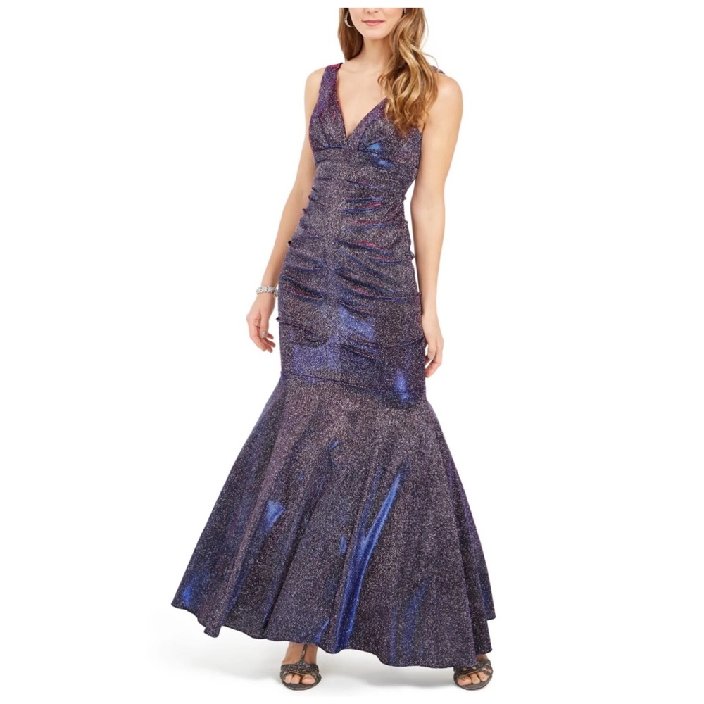 XScape glitter ruched mermaid gown in black silver purple size 12